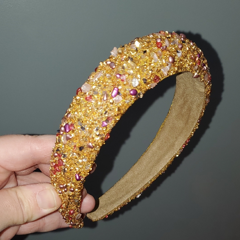 New handmade boutique stone beads shiny flexible wide headband gold